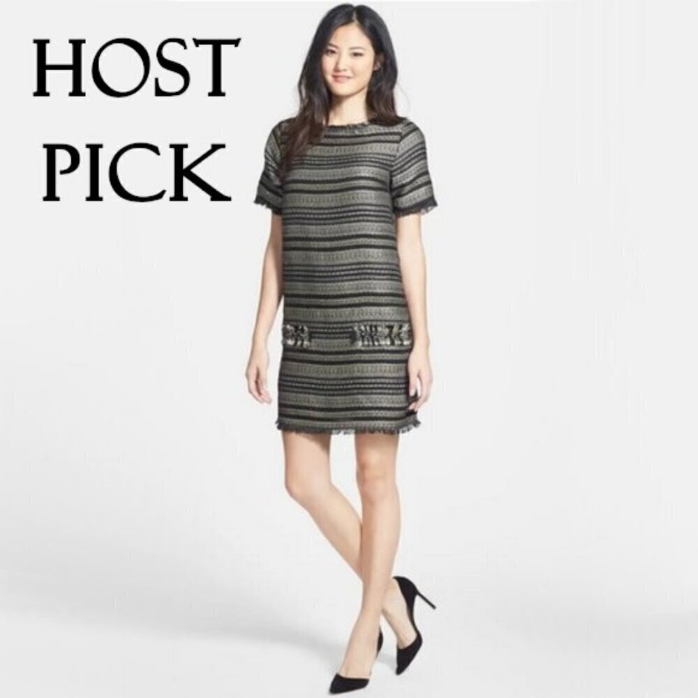 NWOT Darling black, gold & silver metallic fiber woven box shift holiday dress